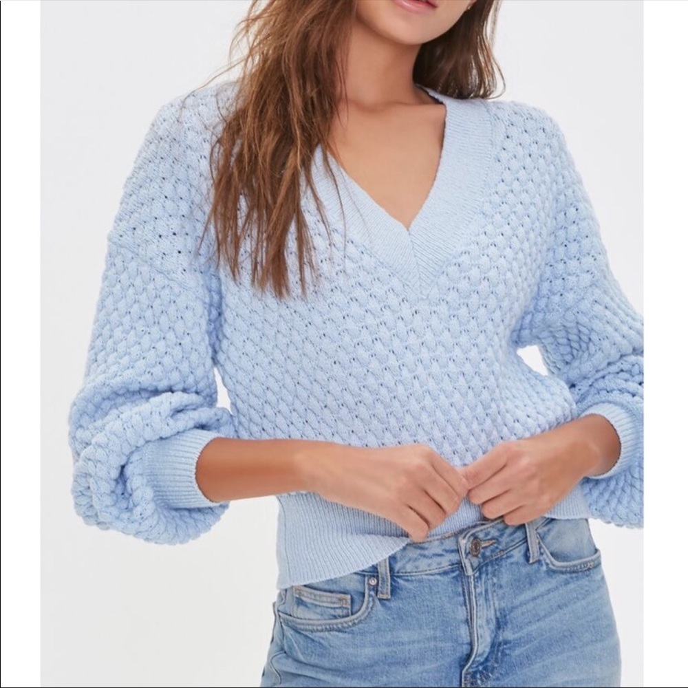 Puffy Sleeve V Neck Knit Sweater